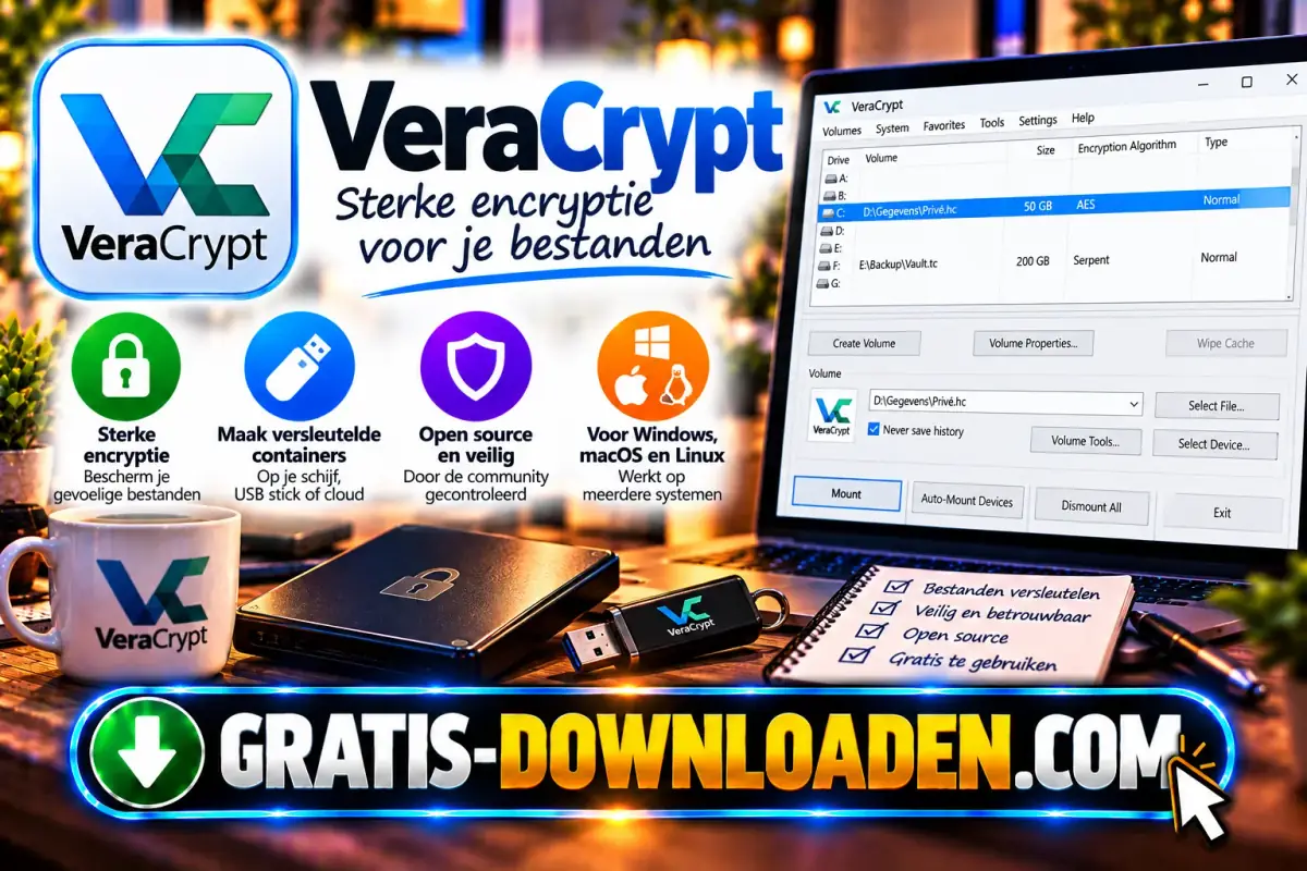 Illustratie van VeraCrypt: het VeraCrypt-logo met een laptop met versleutelde volumes, een USB-stick en een hangslot
