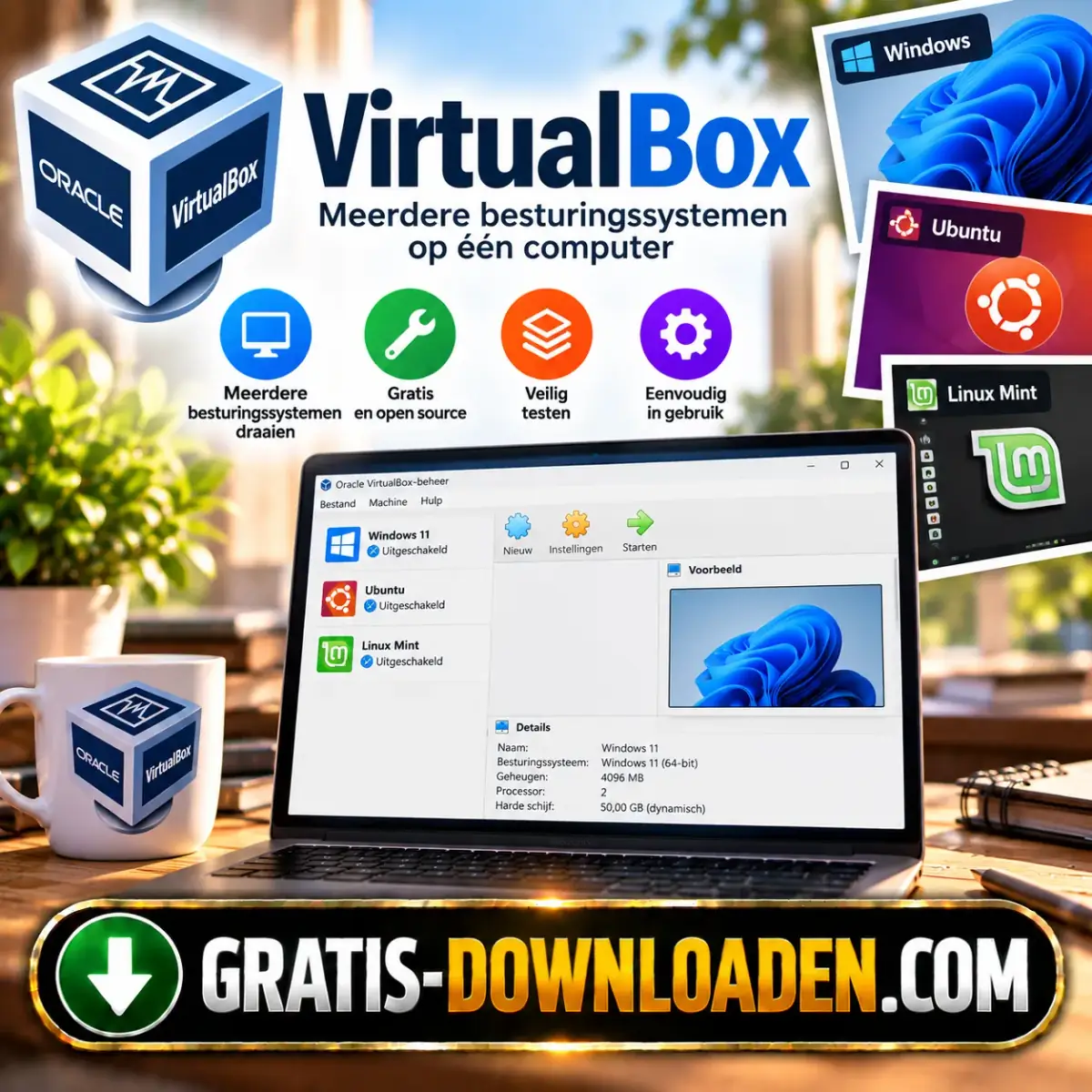 Illustratie van VirtualBox: het VirtualBox-logo met een laptop met Windows, Ubuntu en Linux Mint in vensters