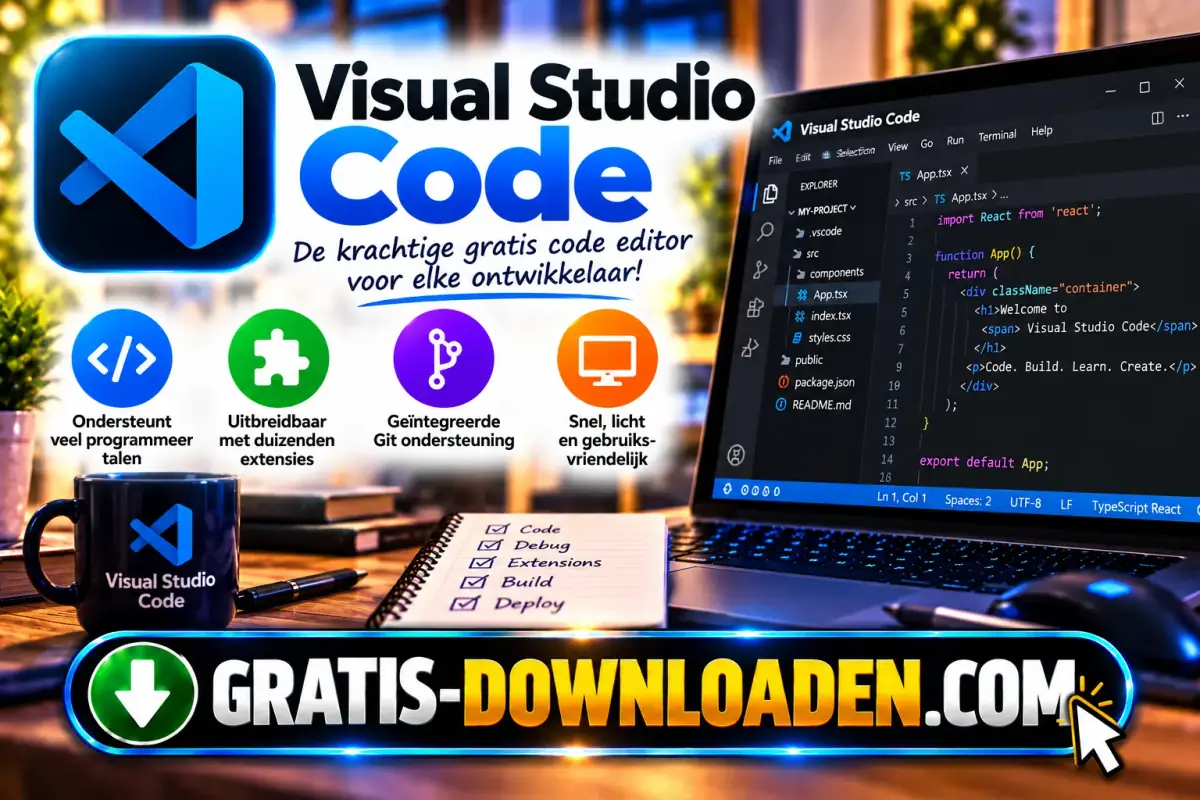 Illustratie van Visual Studio Code: het blauwe VS Code-logo met een laptop met code en iconen voor programmeertalen, extensies en Git