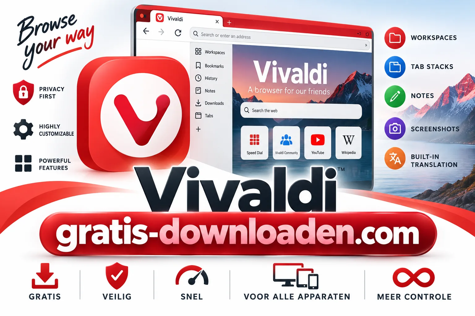 Logo van Vivaldi, gratis webbrowser