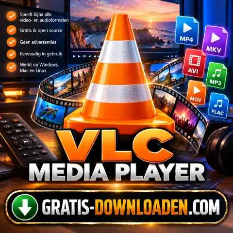 Illustratie van VLC media player: de oranje verkeerskegel met een filmrol, afstandsbediening en bestandstypen zoals MP4, MKV, AVI en MP3