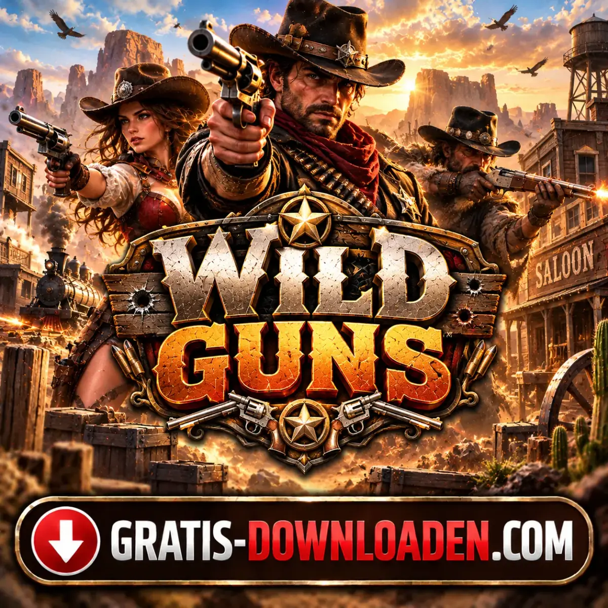 Illustratie van WildGuns: een cowboy met getrokken revolver en revolverhelden in een westernstadje met saloon