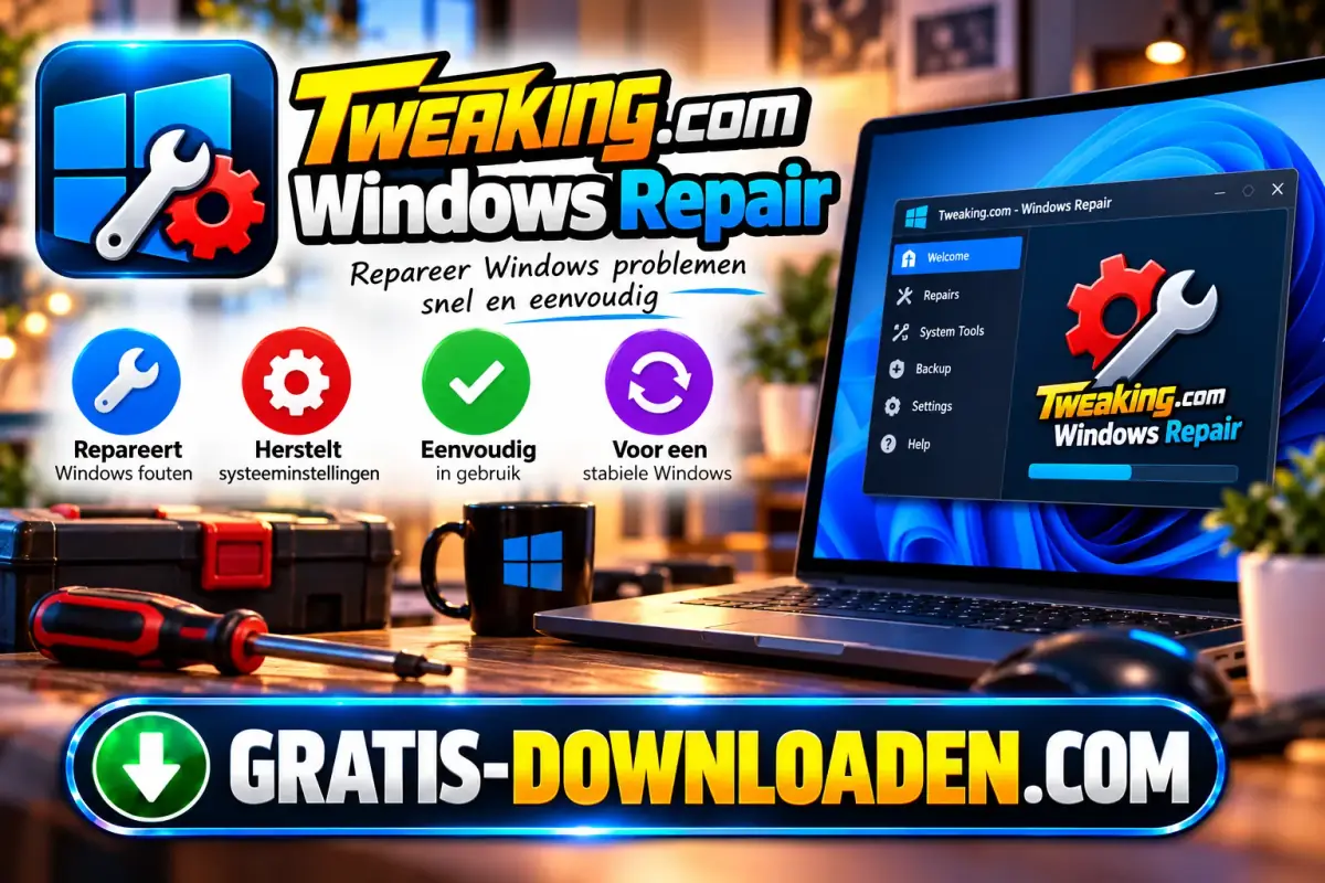 Illustratie van Tweaking.com Windows Repair: het logo met een steeksleutel en een laptop met het reparatieprogramma