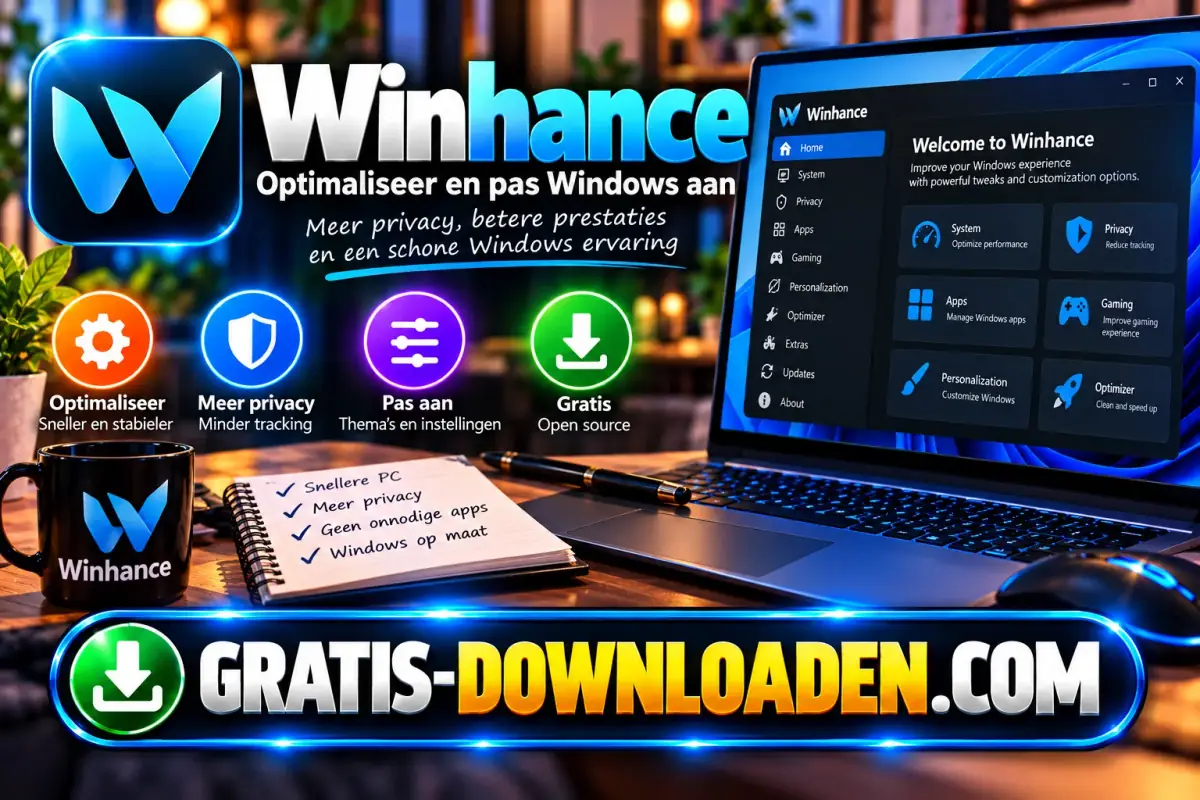Illustratie van Winhance: het Winhance-logo met een laptop met het programma en iconen voor optimaliseren, privacy en aanpassen