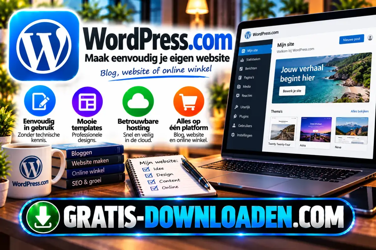 Illustratie van WordPress.com: het WordPress-logo met een laptop met een websitebeheer en thema's, en iconen voor gebruiksgemak en hosting