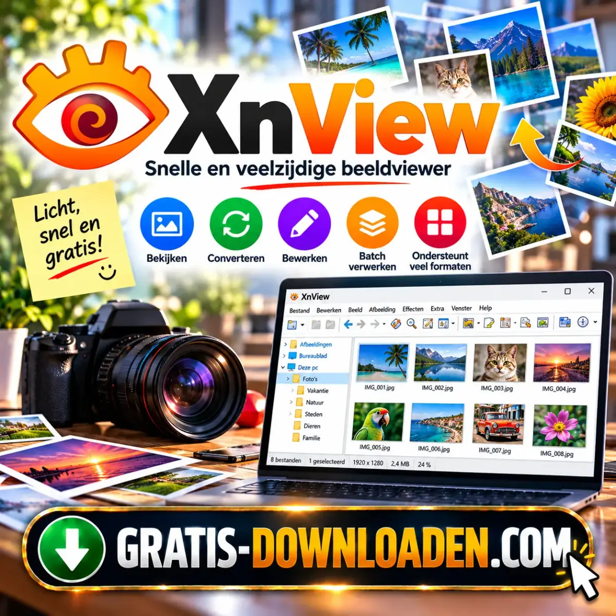 Illustratie van XnView: het XnView-logo met een oog, een camera, foto's en een laptop met de XnView-fotobrowser
