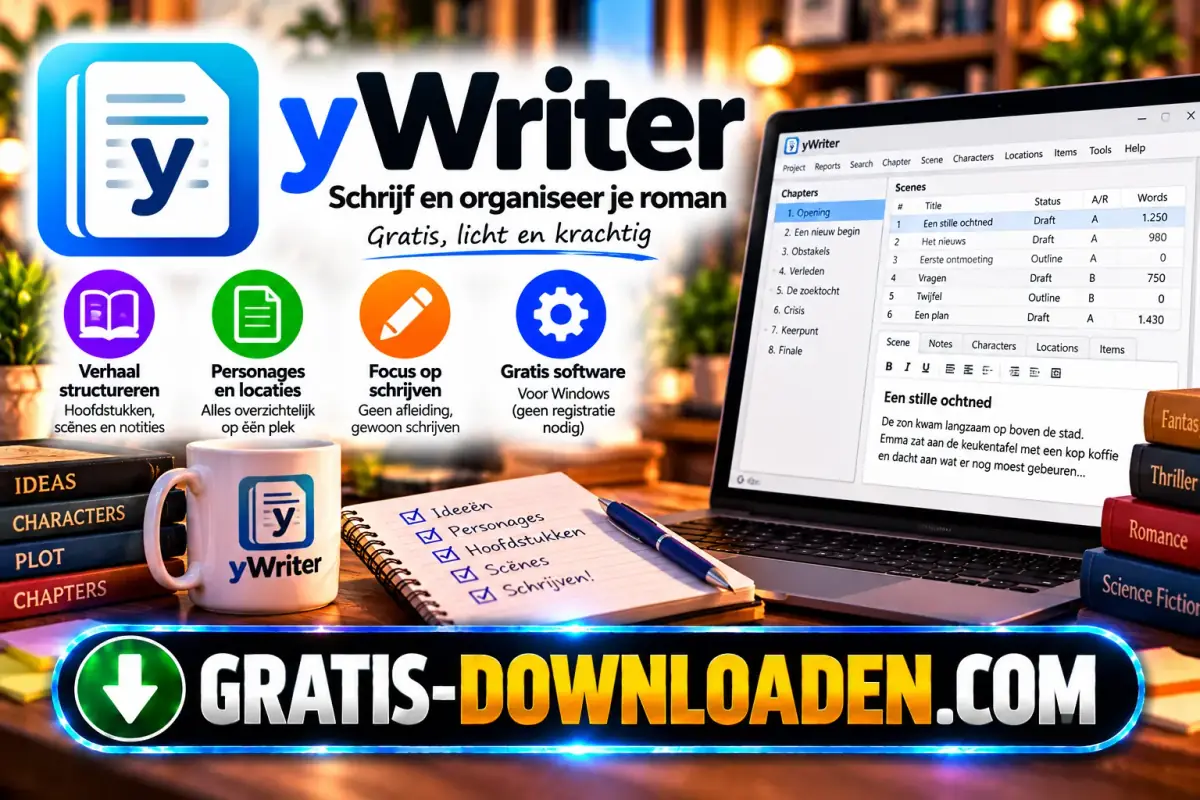 Illustratie van yWriter: het yWriter-logo met een laptop met hoofdstukken en scènes van een verhaal en een lijstje met ideeën en personages