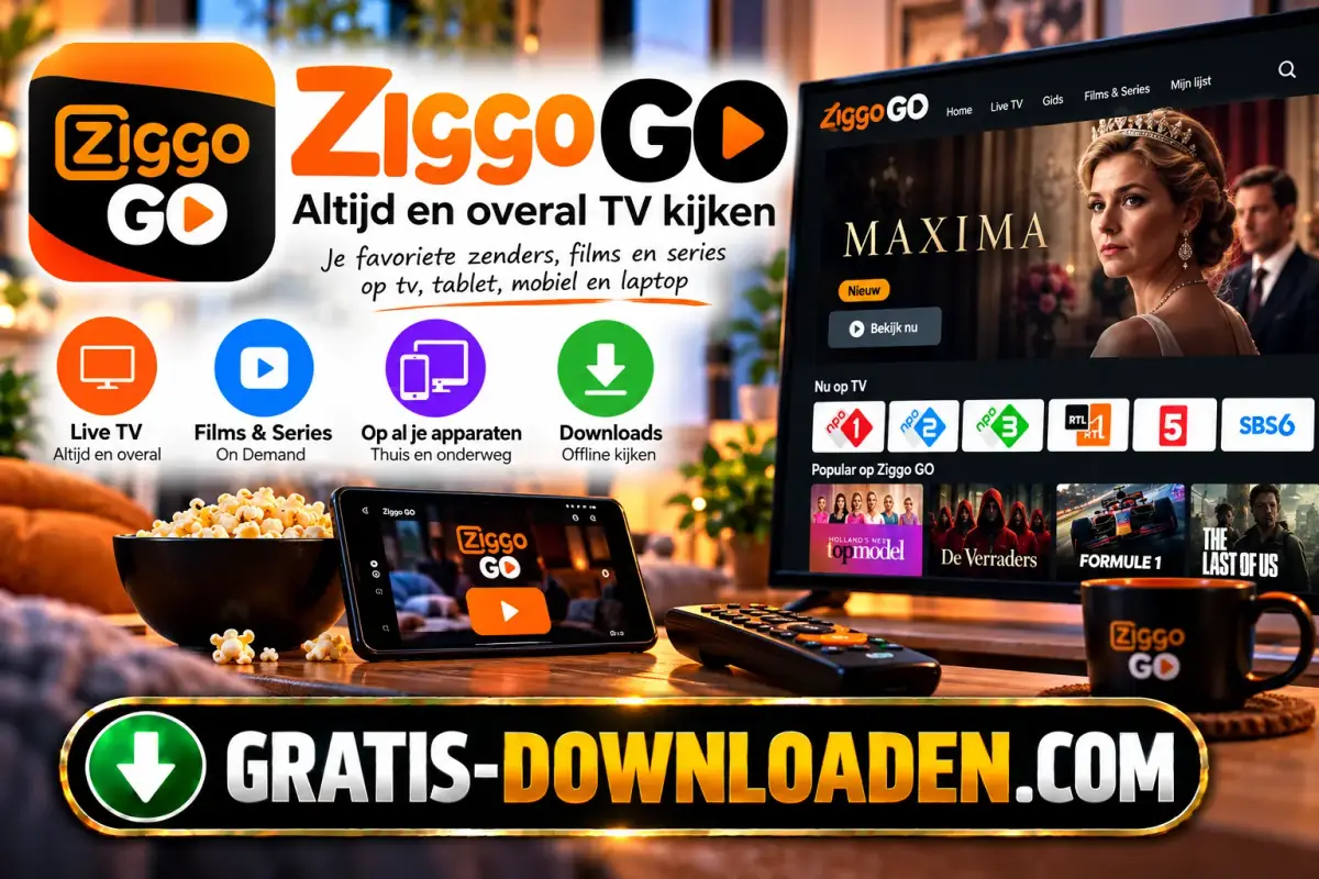 Illustratie van Ziggo GO: het Ziggo GO-logo met een tv, een laptop, tablet en telefoon met tv-programma's en een bak popcorn