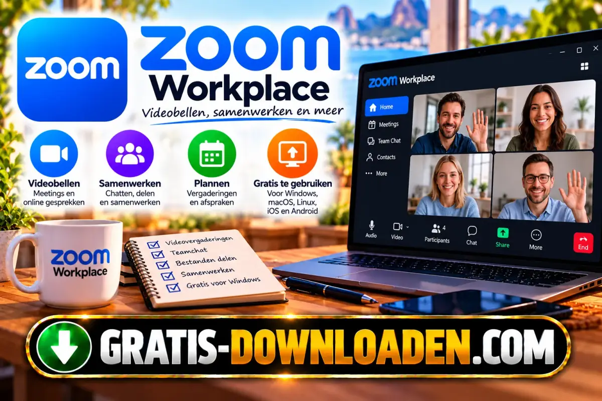 Illustratie van Zoom Workplace: het Zoom-logo met een laptop met een videovergadering met vier deelnemers en een lijstje met functies